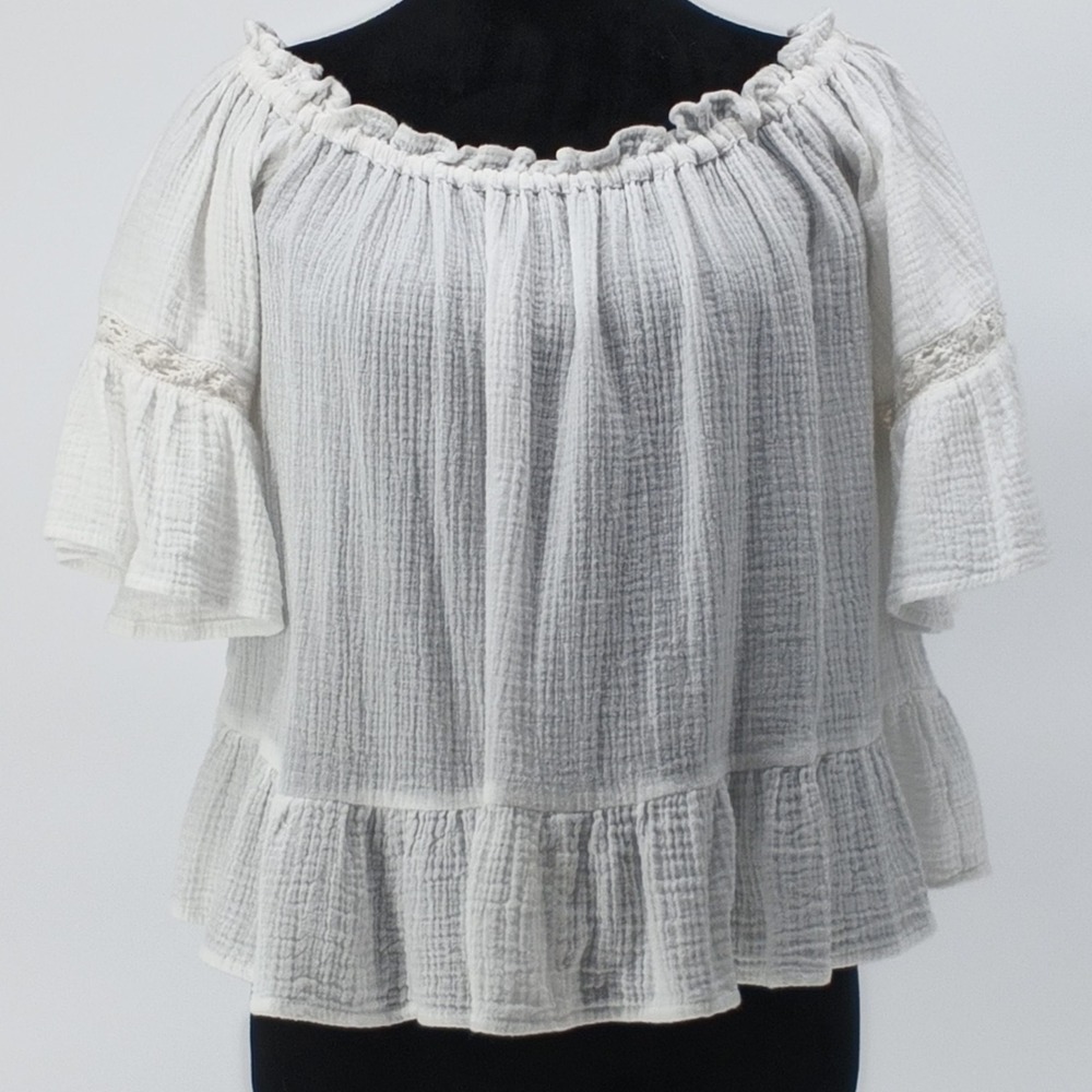 White Cotton Gauze Off Shoulder Peasant Top Boho Lace Bell Sleeve Ruffle Small